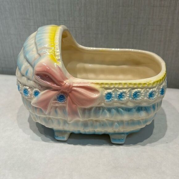 Vtg Rubens Ceramic Baby Bassinet Cradle Bed Planter Dish Japan 1950s Pink Bow - Picture 1 of 10